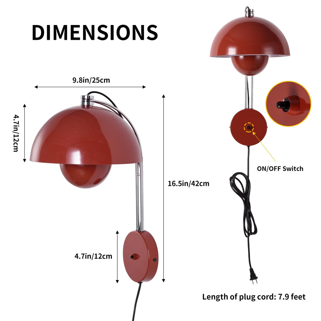 Mid-Century Modern Bud Plug in Wall Sconces, Rust Red