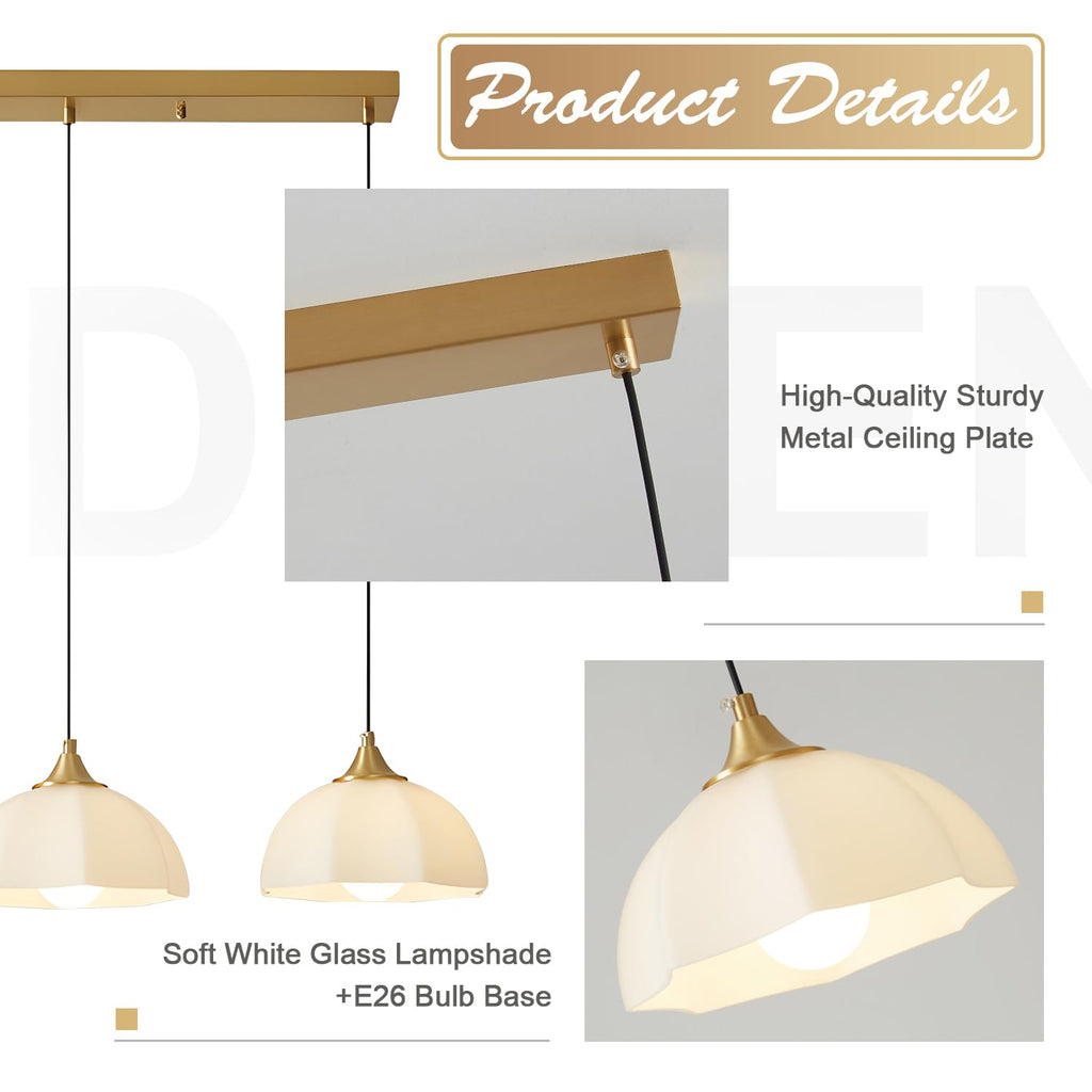 Modern 3 Light Pendant Lighting Gold Linear Dining Room Light Fixture Milk Glass Linear Chandelier Brass and White