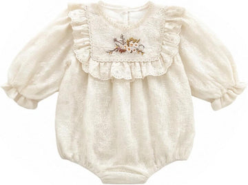 Baby Girl Long Sleeve Romper Floral Embroidery Lace Ruffle Collar Bubble Bodysuit for Spring Fall Outfit