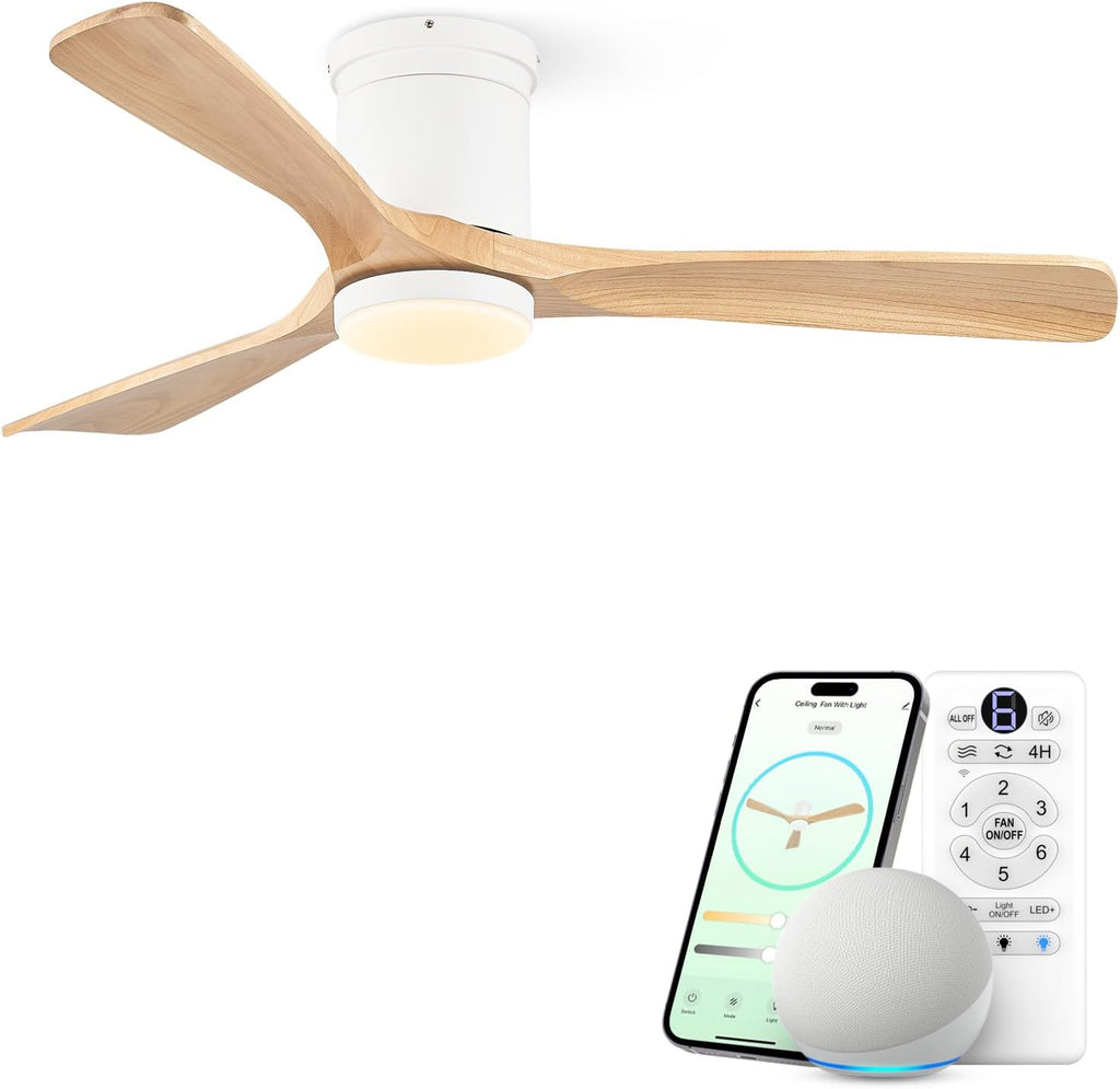 52 Inch Smart Flush Mount Ceiling Fan with Light, Low Profile Ceiling Fan with 3 Solid Wood Walnut Blades, Dimmable LED, Ultra Quiet DC Motor, Alexa & Remote Control, Indoor Outdoor, Walnut