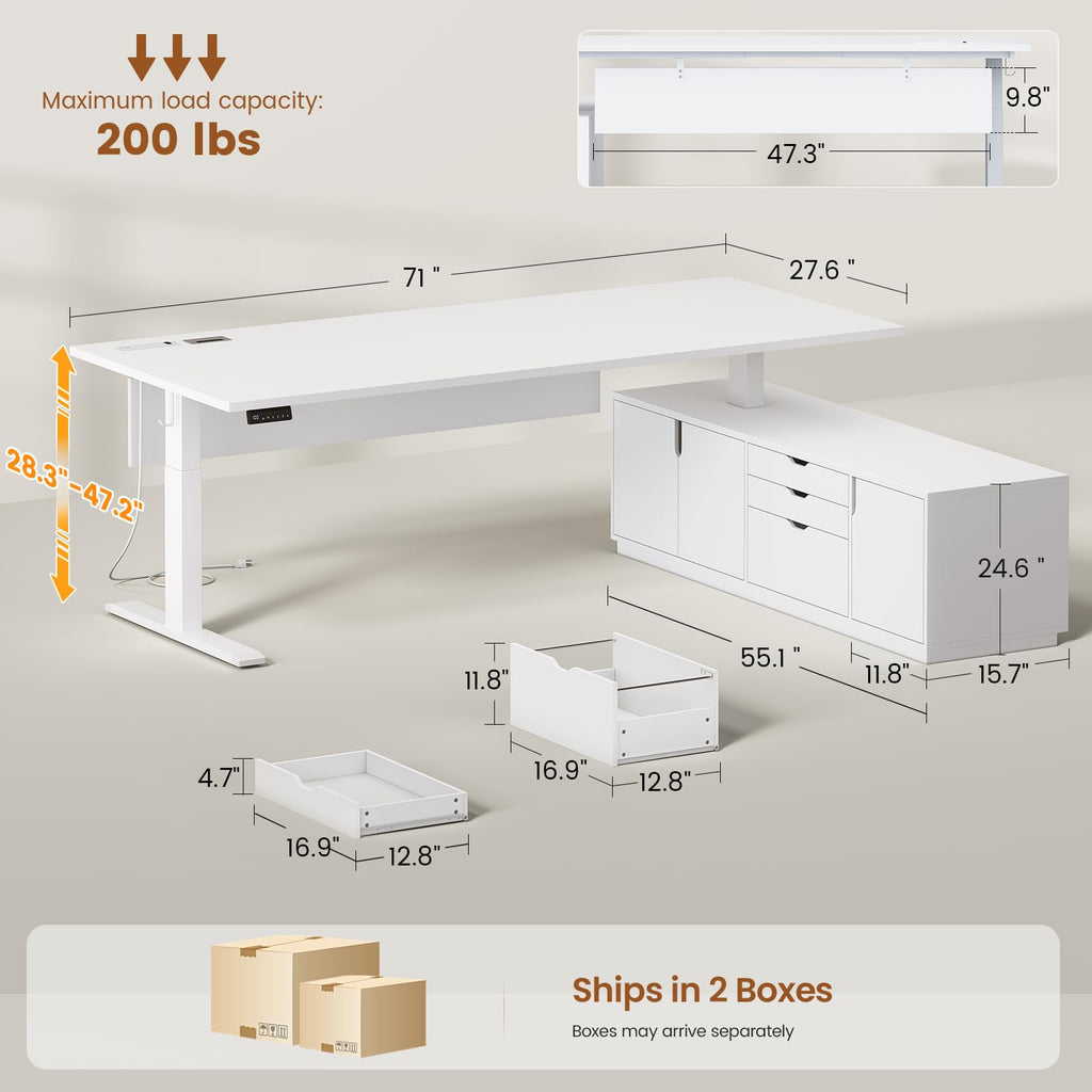 71" Executive Large L Shaped Electric Standing Desk, White