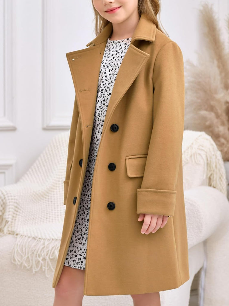 Girls Double Breasted Trench Coat Notch Lapel Long Peacoat