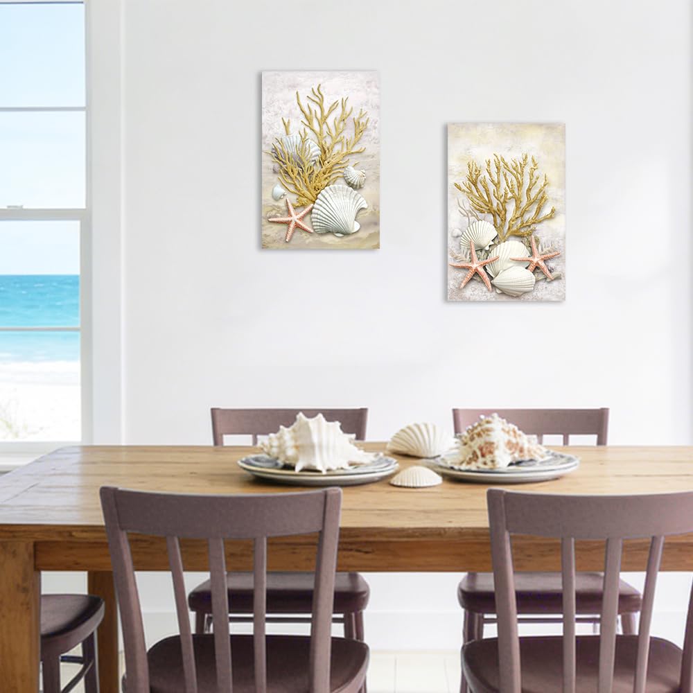 Coastal Wall Art 2 Piece Canvas Yellow Coral Wall Decor Bathroom Nautical Picture Starfish Shell Prints Beach Home