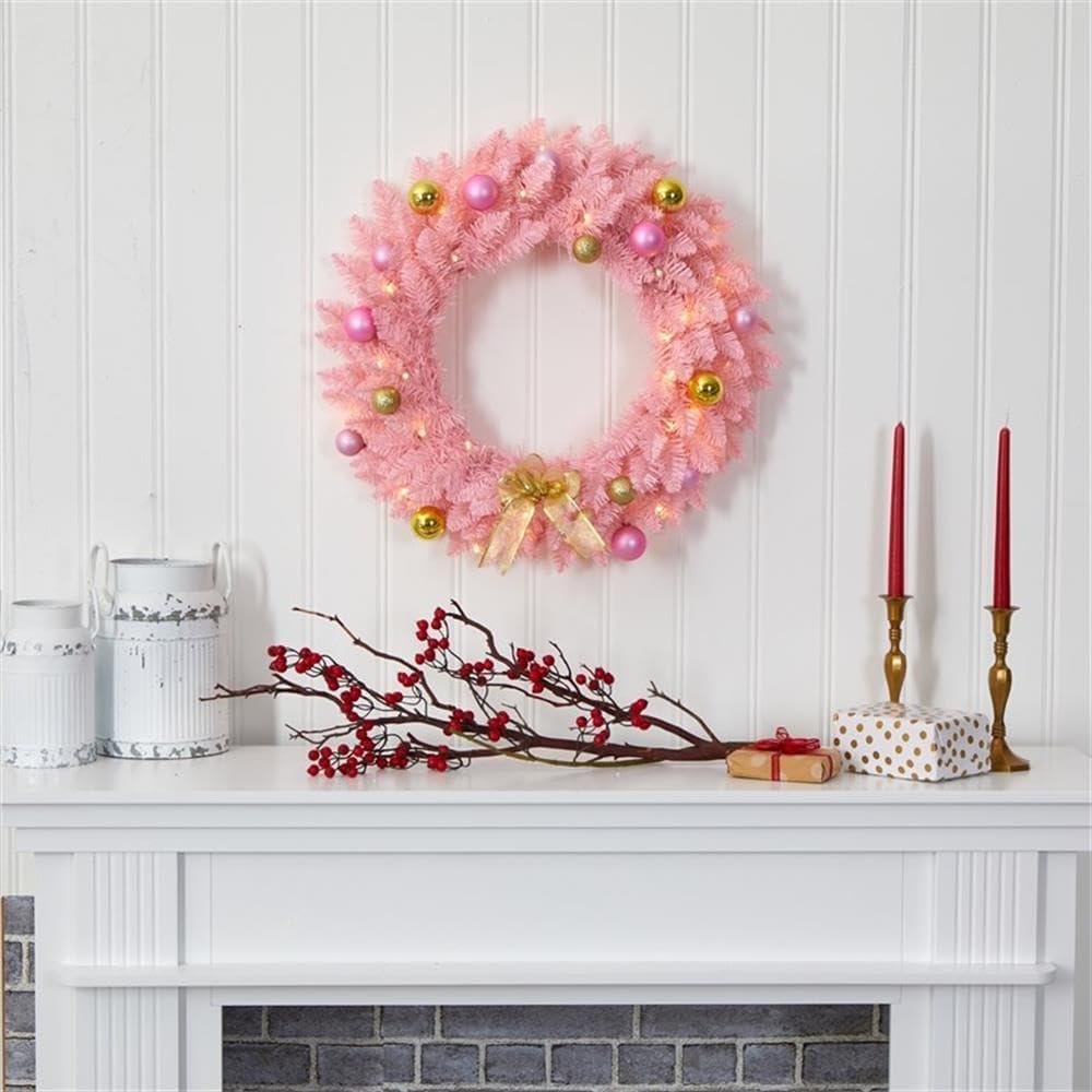 24" Pink Artificial Christmas Wreath with 35 LED Lights, Decorative Ornaments, Flocked Pastel Hue, Golden Bow