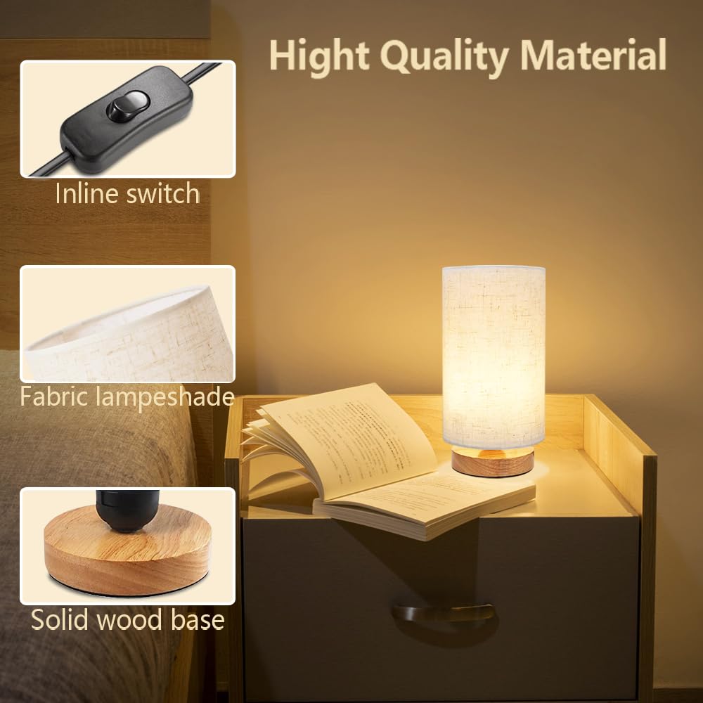 Small Bedside Table Lamp set of 2, Minimalist Wood Base & Round Fabric Shade, Mini Cute Cozy Warm Nightstand Boho Lamp