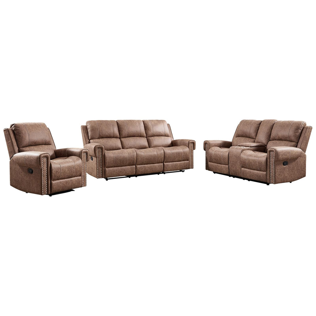 Faux Leather Manual Recliner Sofa Furniture Set, Included Overstuffed Recliner Chair, Reclining Loveseat and 3-Seat