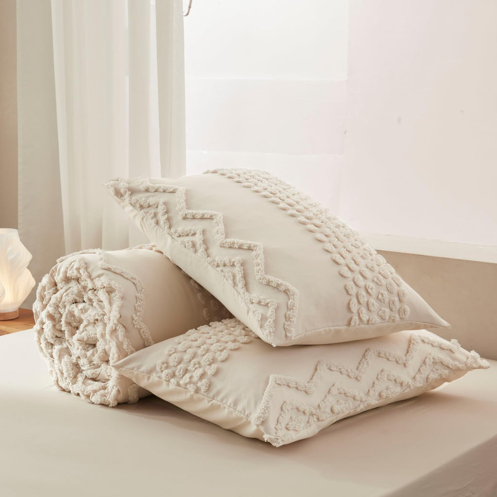 Beige Tufted Comforter Set, 3 Pieces Full Size Boho Bedding Set