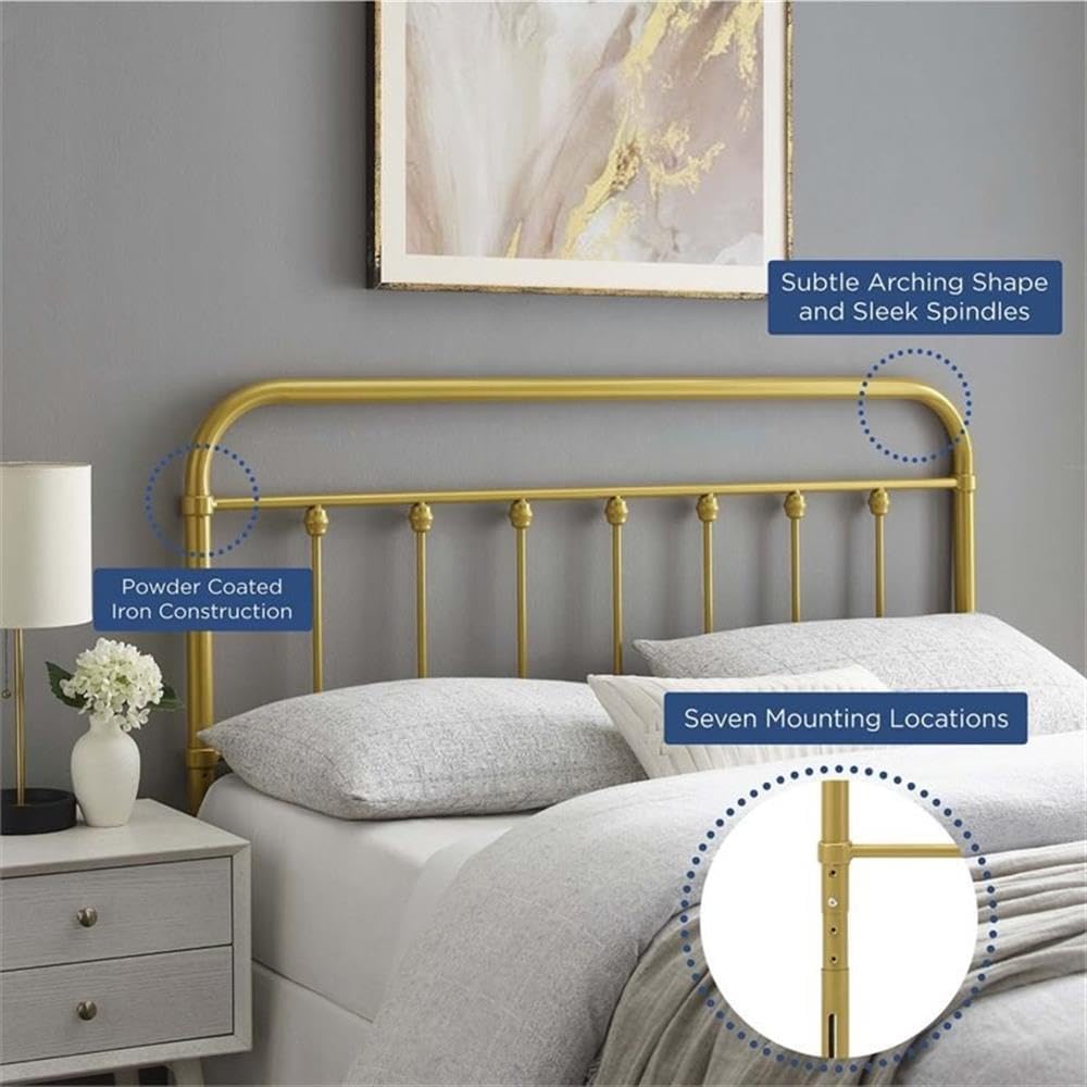 King Metal Headboard with Adjustable Height, Gold Powder-Coated Iron, Modern Farmhouse Design, 7 Mounting Positions