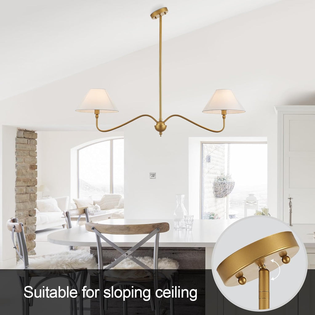 Modern Gold Linear Chandelier for Kitchen Island, 2-Light Linear Light Fixture with Off-White Fabric Shade, Rustic
