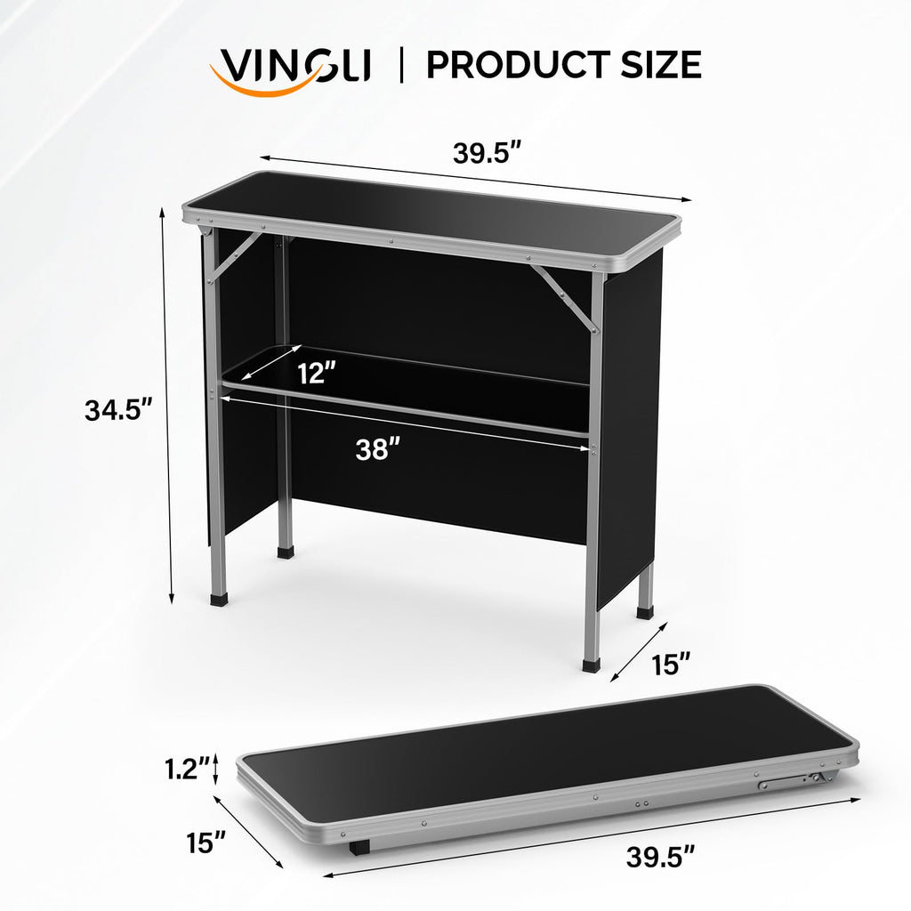Portable Bar Table, 2-Tier Shelves, Mobile Bar Table for Events, Party, Camping, Picnic, Tradeshow, Indoor with Black
