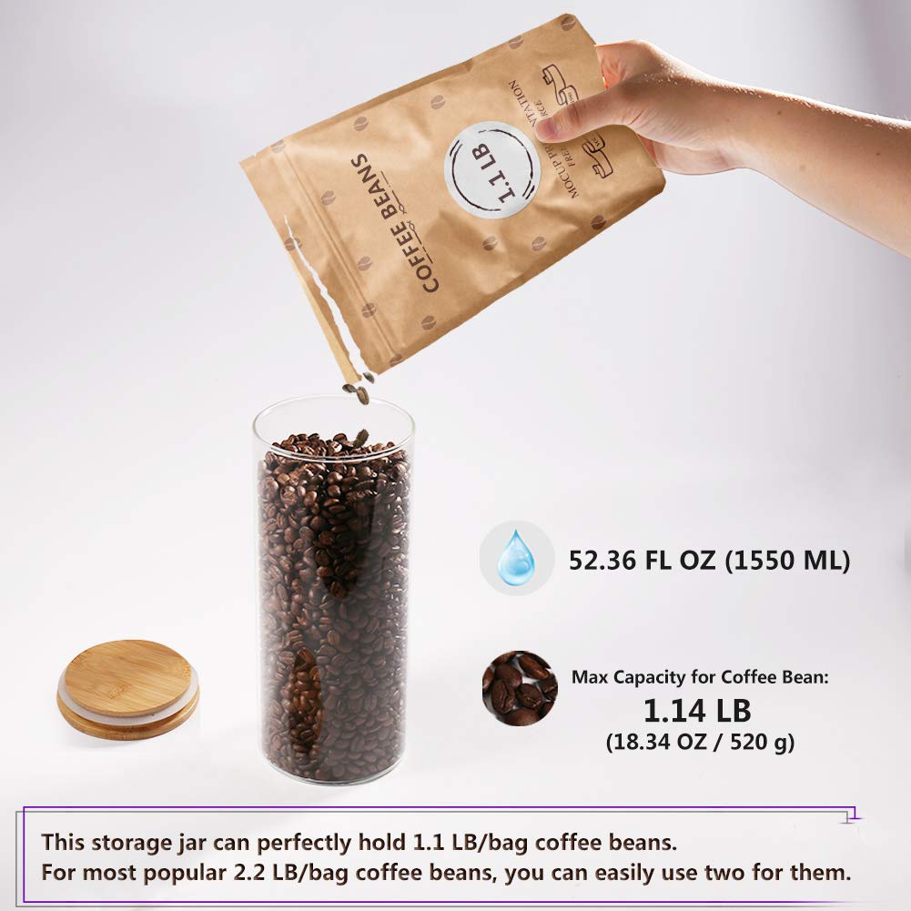 Glass Coffee Bean Container, 52.36 FL OZ (1550 ML), [Thickened Version] Glass Food Storage Jar with Airtight Seal