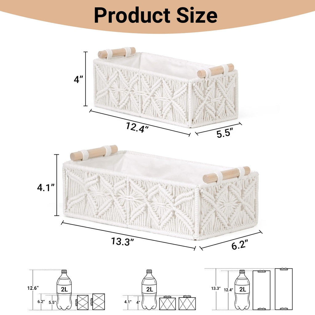 2pc Macrame Storage Baskets, Boho Woven Boxes Org, White