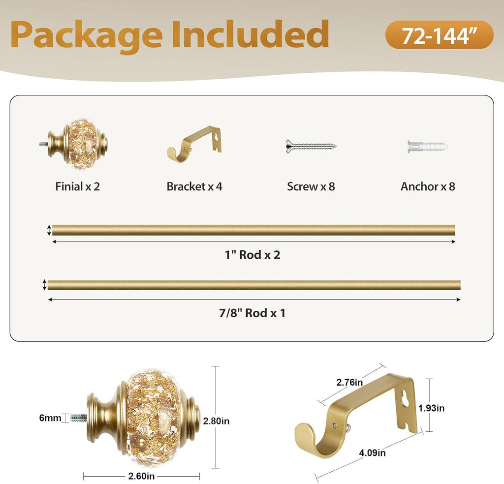 1 Inch Gold Curtain Rods for Windows, Telescoping Single Drapery Rod, Decorative