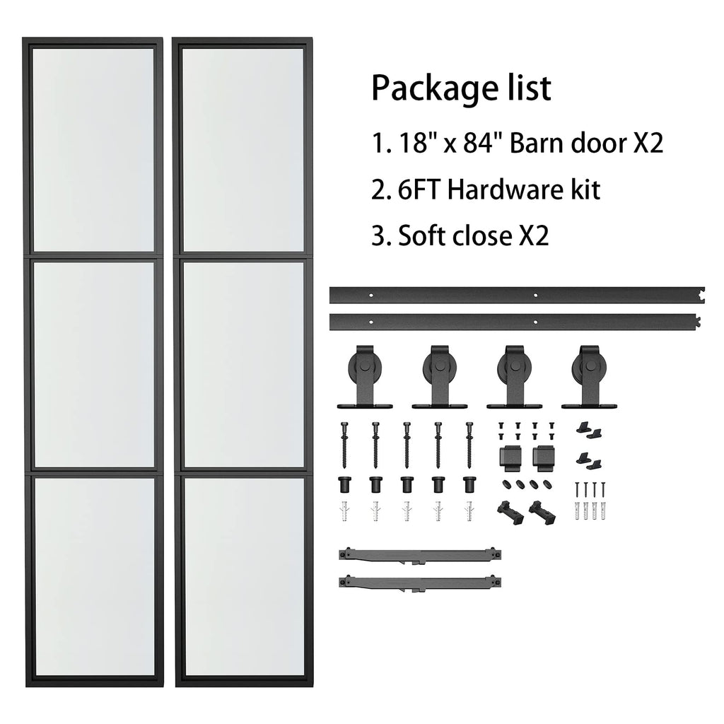 36 x 84 Inch Double Barn Door with 6FT Hardware Kit and Soft Close Mechanism Include, 2 Sets of 18in x 84in 3-Paneled