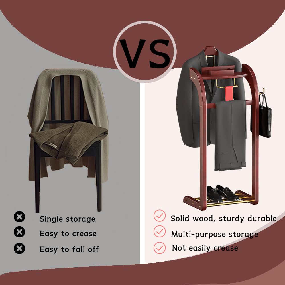 Suit Valet Stands for Women and Men, Wood Valet Stand with Base, Wardrobe Suit Valet Stand Organizer with Trouser Bar