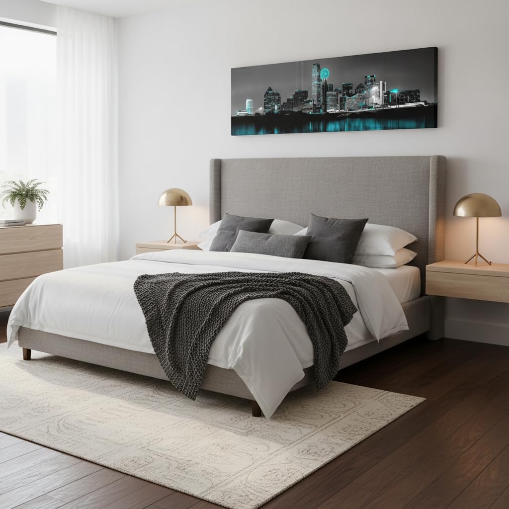 Dallas Texas Skyline Canvas Wall, Black White City Decor, 14x48 inch