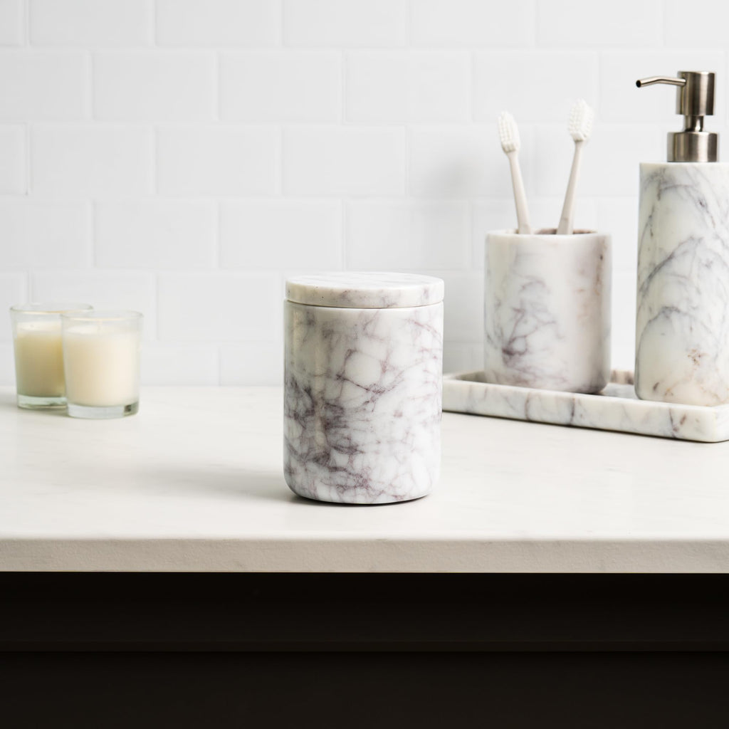 Marble Bathroom Canister with Lid for Qtips and Swabs