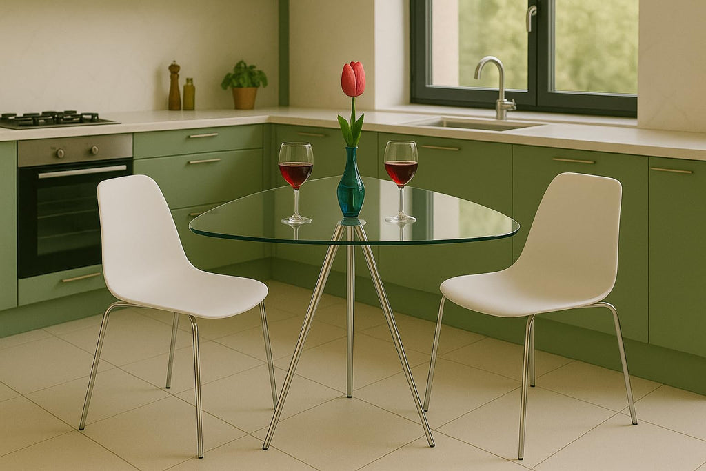 Lisbon 3-Sided Bistro Table, Tempered Glass Triangle Top - Modern Pub Table (Chrome)