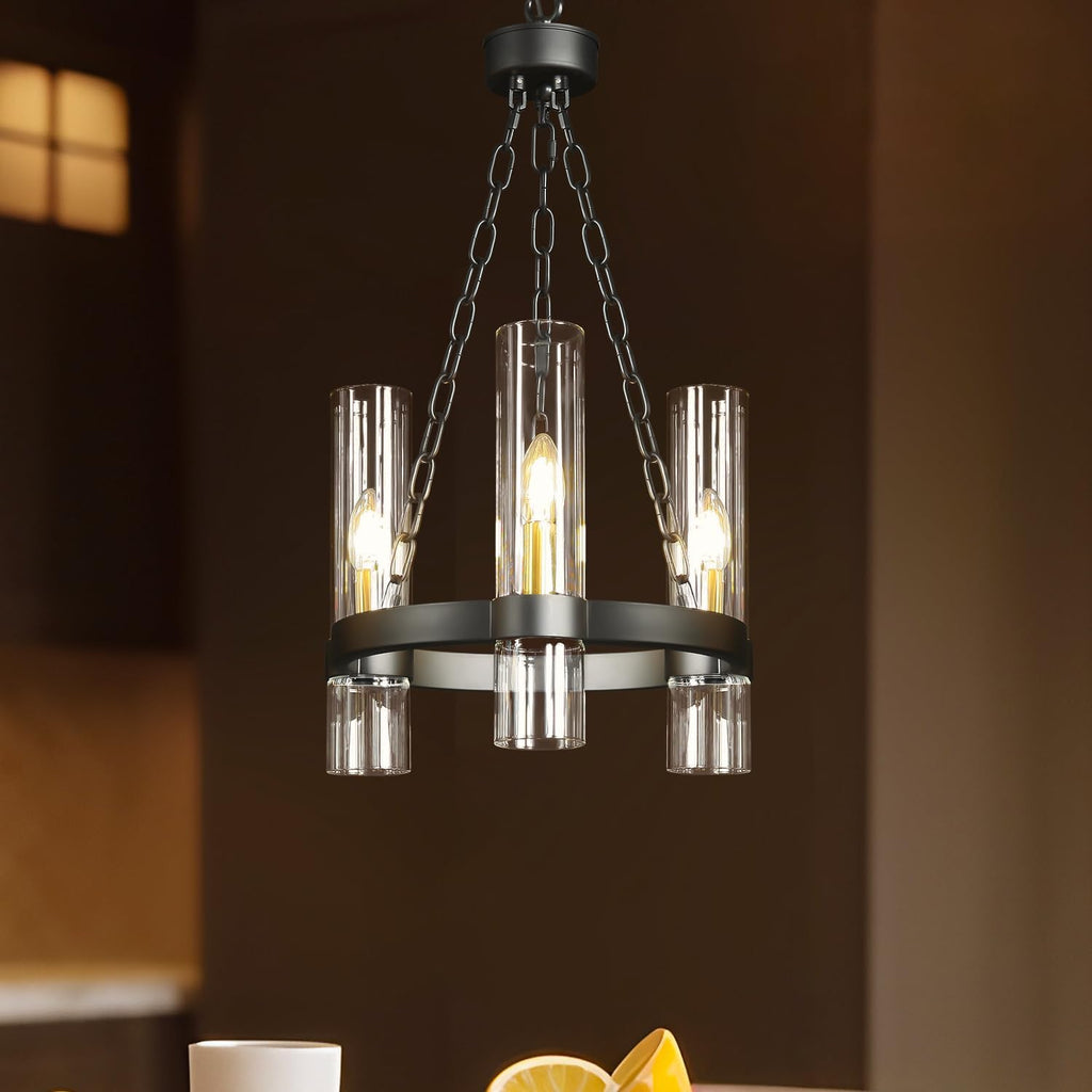 3-Light Compact Wagon Wheel Chandelier, 13.8 Inch Matte Black Kitchen Island Lighting with Clear Glass Shades Modern Farmhouse Entryway Pendant Light for Small Spaces A115-B0DSVMWM31