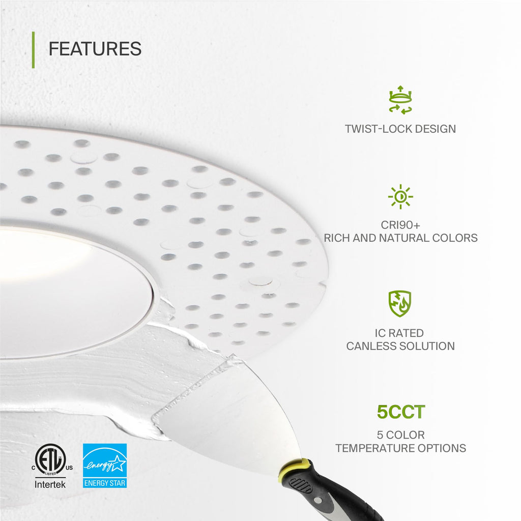 3 Inch Trimless LED Recessed Ceiling Light Fixture, Mud-in Canless Downlight with Junction Box, 5CCT Selectable