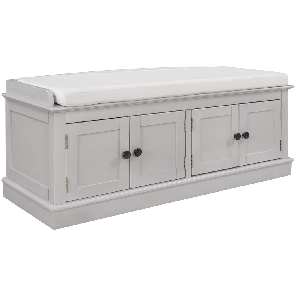 Upholstered Storage Bench with 4 Doors and Removable Cushion, Wooden Shoe Bench with Adjustable Shelves, Grey