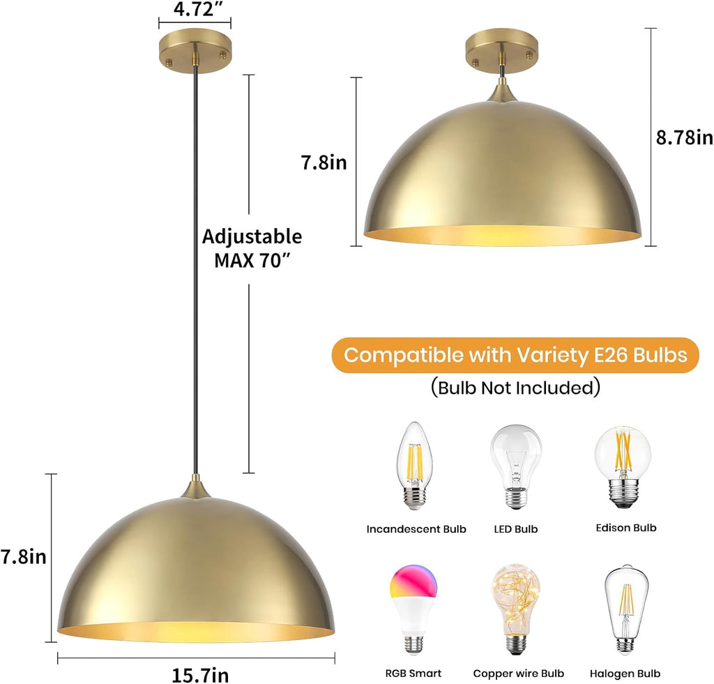Gold Pendant Light 15.7", Modern Pendant Lights Kitchen Island, Large Farmhouse Hanging Lamp for Dining Room Bedroom