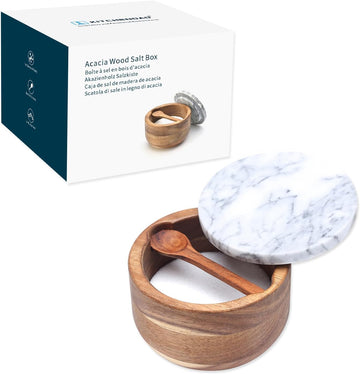 Large Acacia Salt Cellar Box Bowl with Built-in Spoon and Marble Lid, Solid Natural Acacia Wood Bath Sea Salt