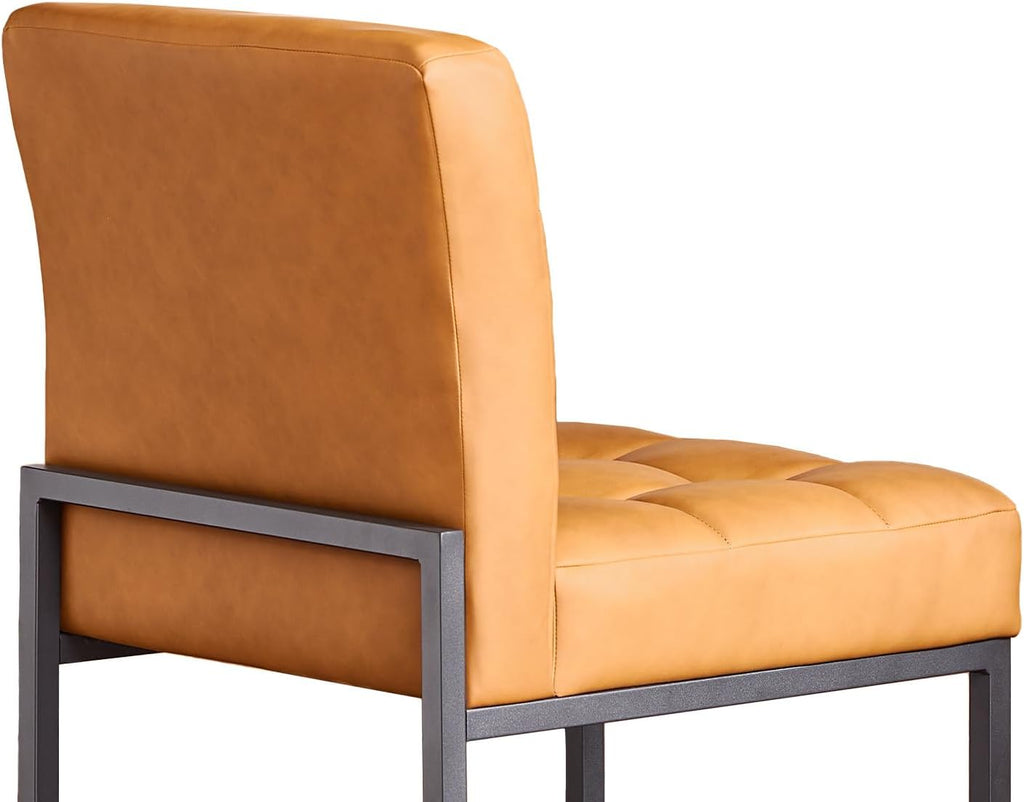 Faux Leather Dining Chairs Set of 2, Mid-Century Modern Armless Dining Room Chairs with Checkered Upholstery and Metal Legs, Brown