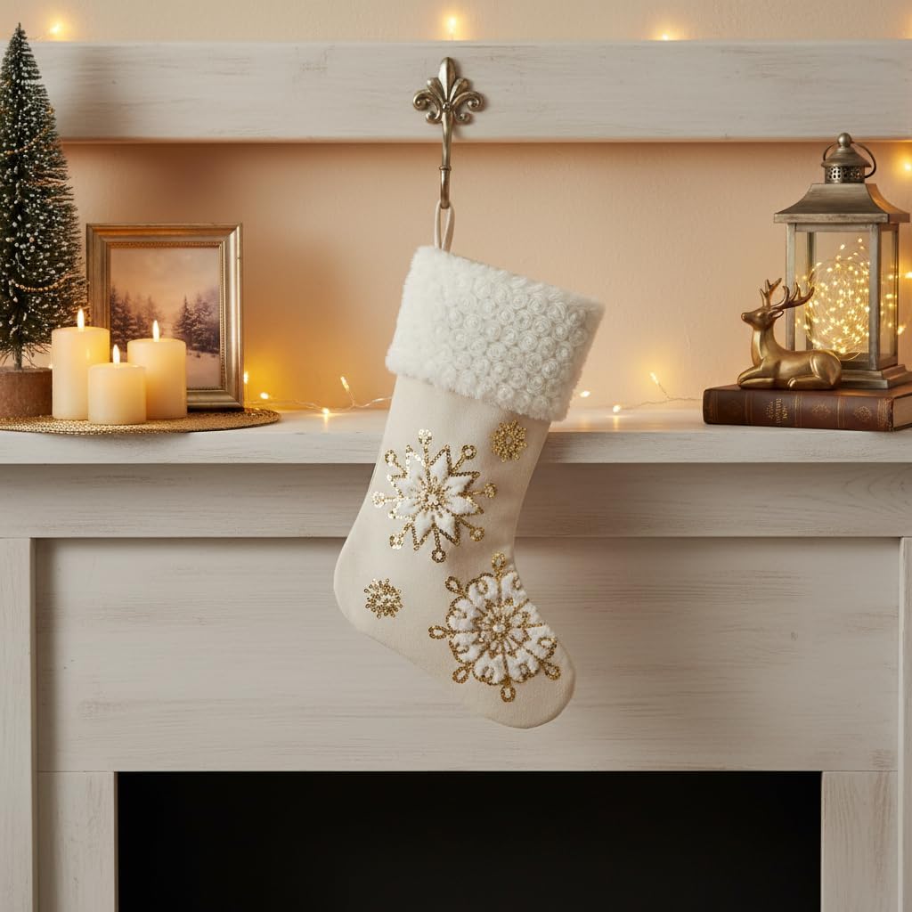 18 Inch Snowflake Christmas Stocking, Gold Décor