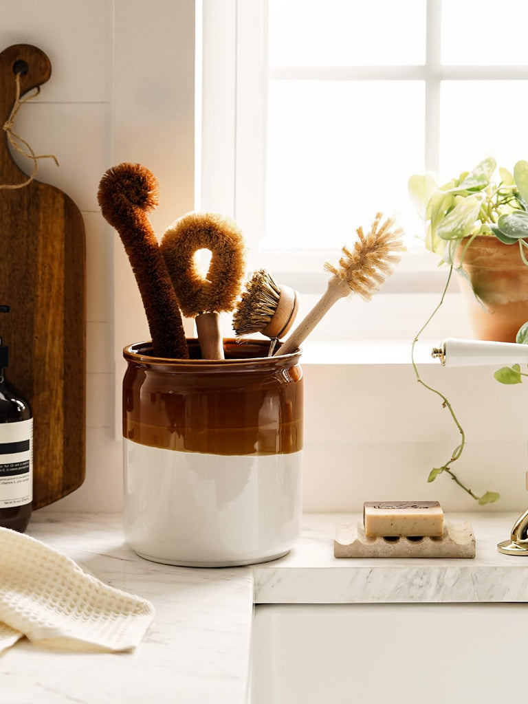 Kitchen Utensil Holder for Countertop, Ceramic Utensil Crock Set of 2, Rustic Brown Holder for Spatulas, Spoons