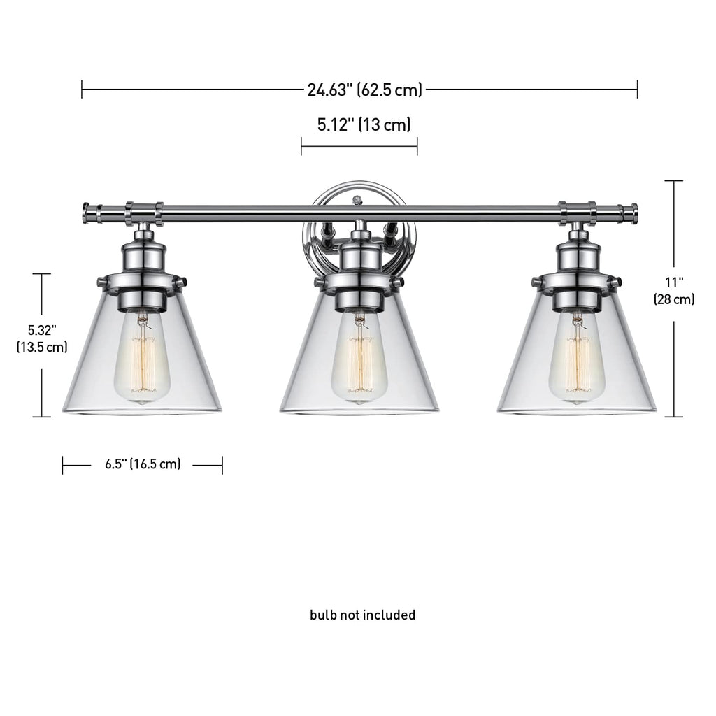Parker 3-Light Vanity Light, Chrome, Clear Glass Shades, Bulb Not Included