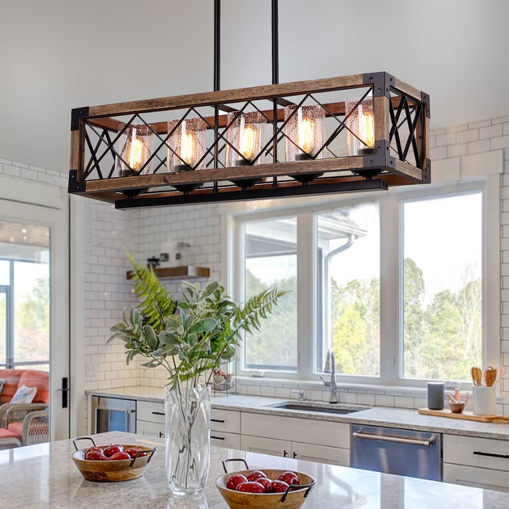 Rectangle Wood Metal Pendant Light Kitchen Island Chandelier Black Finish Rustic Industrial Chandelier Vintage