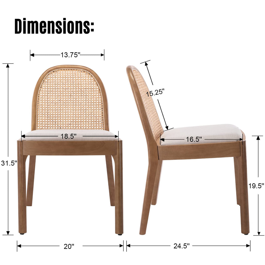 Modern Linen Dining Chairs Set of 6, Natural Woven Rattan Cane Back Side Chairs with Solid Wood Legs Mid Century