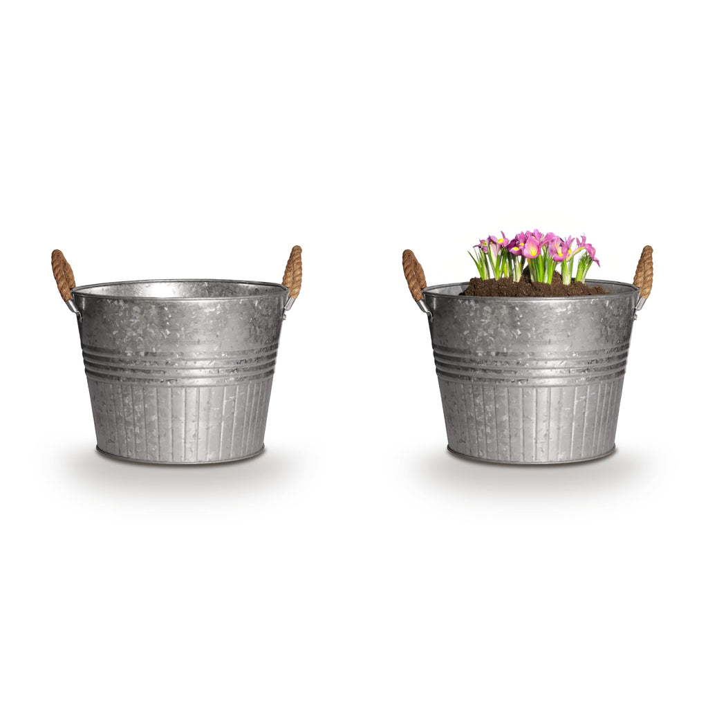 Decorative Planter - Round Galvanized Bucket w/Rope Handles - 12 Inch Metal Tub Bucket Planter for Outdoor Plants