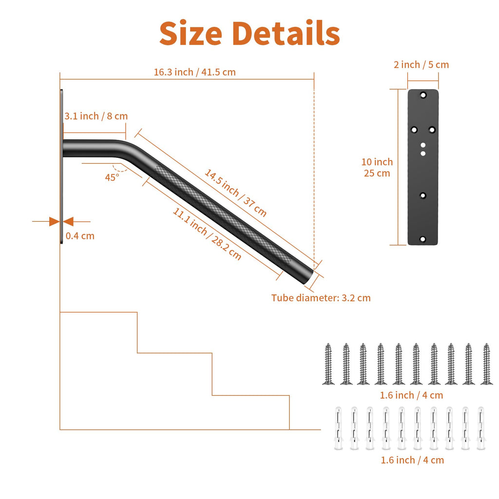 16 Inch Stair Handrails for 1-3 Steps, Black Safety Rails