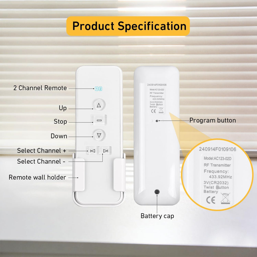 2 Channel Controller, RF433.92 Transmitter, Motorized Roller Shade Accessories for Motorized Blinds & Shades - White