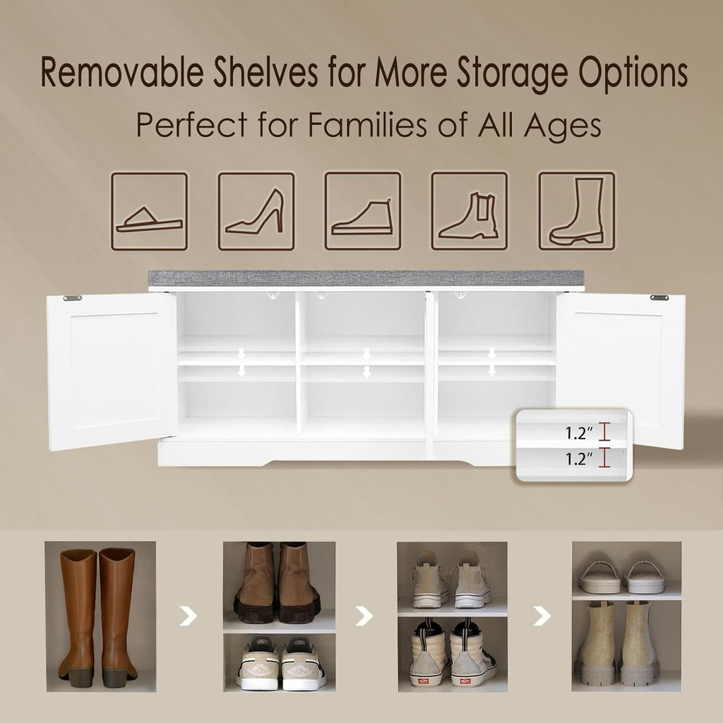 Shoe Storage Bench with Cushion, Door, White 39.4" LX17.7 H | Entryway Bench, 2-Tier Cabinet Bench, Widened Cubby