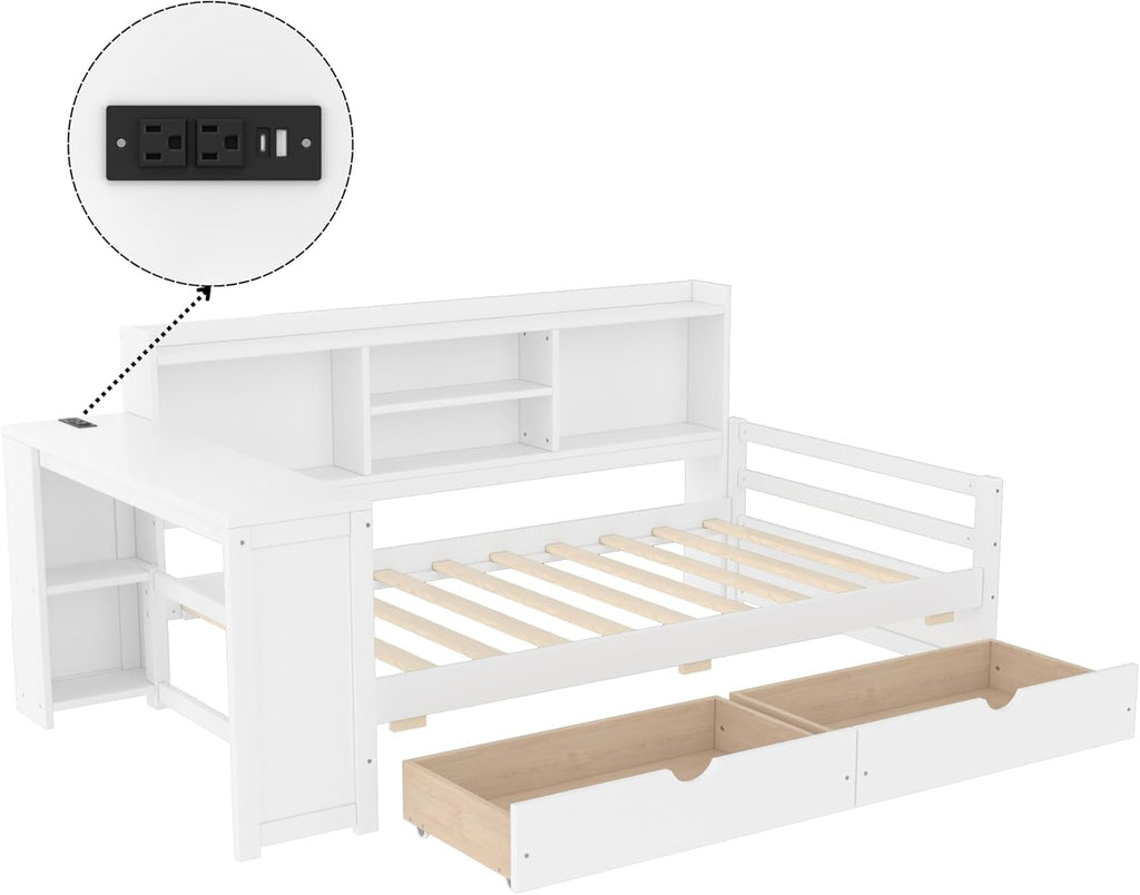 Twin Size Daybed with Desk, Corner Bed with Storage, White | Storage Shelves and Drawers, Charging Station & USB