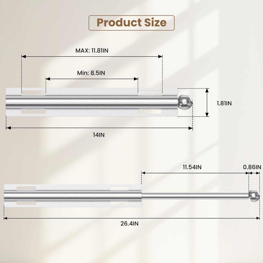 14" Valet Rod for Closet Pull Out for Wardrobes RV, Brushed Silver