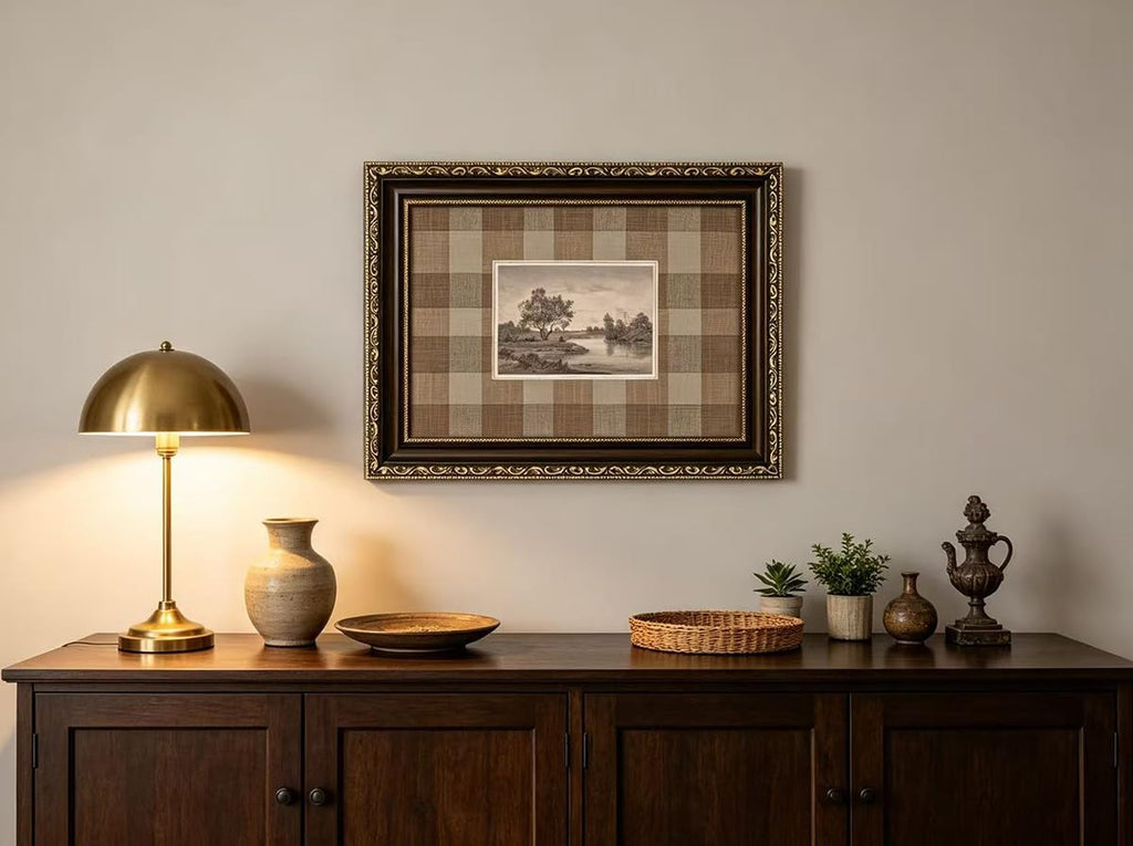 Vintage Gold Framed Landscape Wall Art, River Tree Sketch Canvas Wall Art