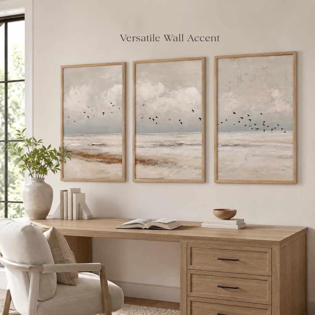 Framed Coastal Canvas Wall Art Seascape 24x16 Inch Set of 3 Triptych
