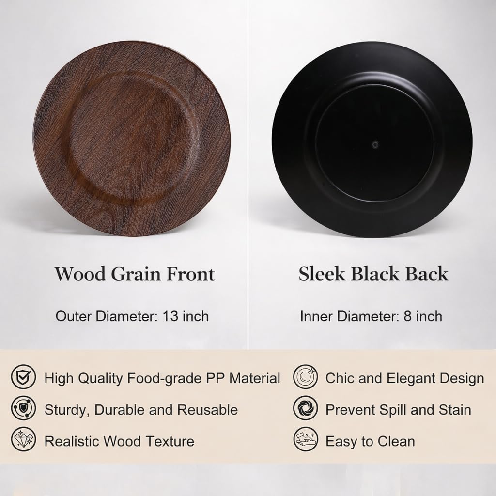 13in Charger Plates Set of 12- Faux Wood Chargers for Dinner Plates- Brown Round Plastic Plate Chargers- Farmhouse