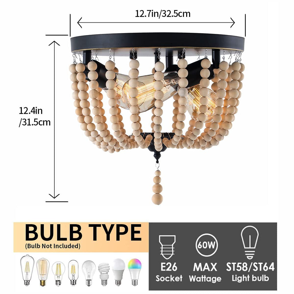 Farmhouse Wood Beaded Flush Mount Ceiling Light, 3-Light Boho Wooden Bead Chandelier Vintage Lighting Fixtures
