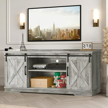 TV Stand Farmhouse Entertainment Center for 65 Inch TV Media Console Cabinet, Gray Barn Doors TV Stand with Storage