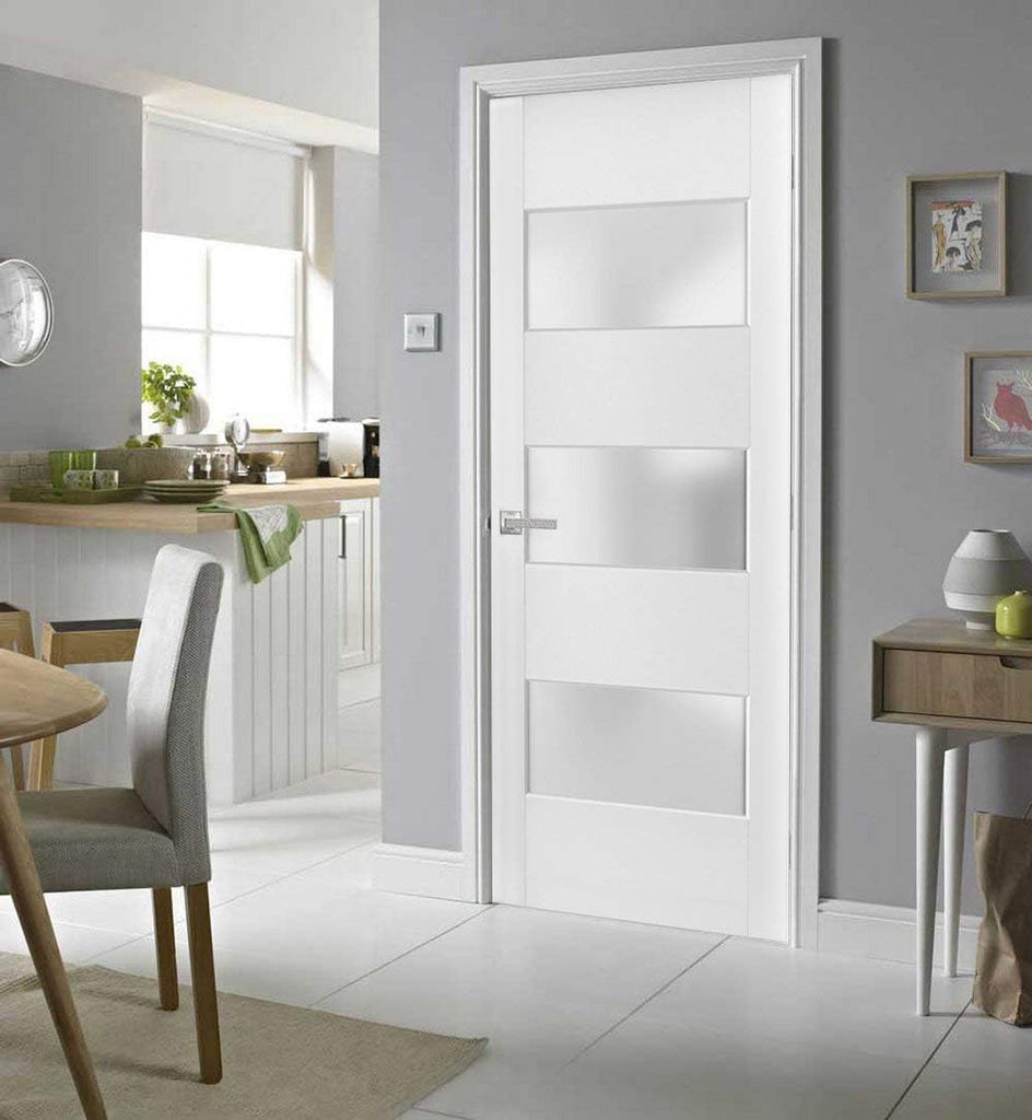 Slab Barn Door Panel Frosted Glass 3 Lites 32 x 80 inches | Lucia 4070 White Silk | Sturdy Finished 