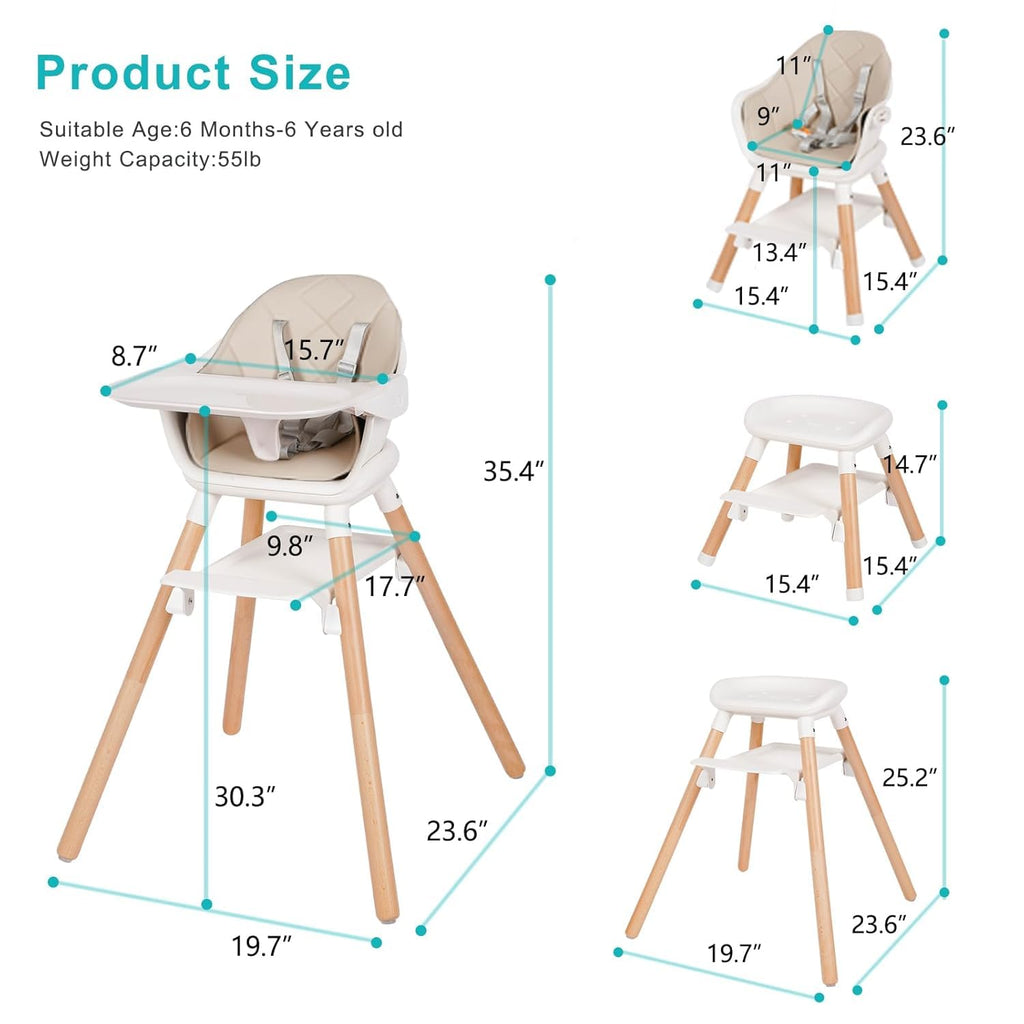 High Chair, 6 in 1 Wooden Convertible High Chairs for Babies and Toddlers, Booster Seat with Double Tray & Reversible