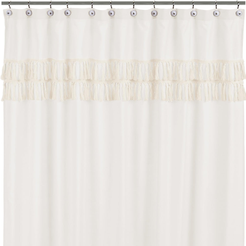 Minimalist Boho Chic Solid Ivory Cream Macrame Fringe Knotted Tassel Decorative Bathroom Fabric Bath Shower Curtain