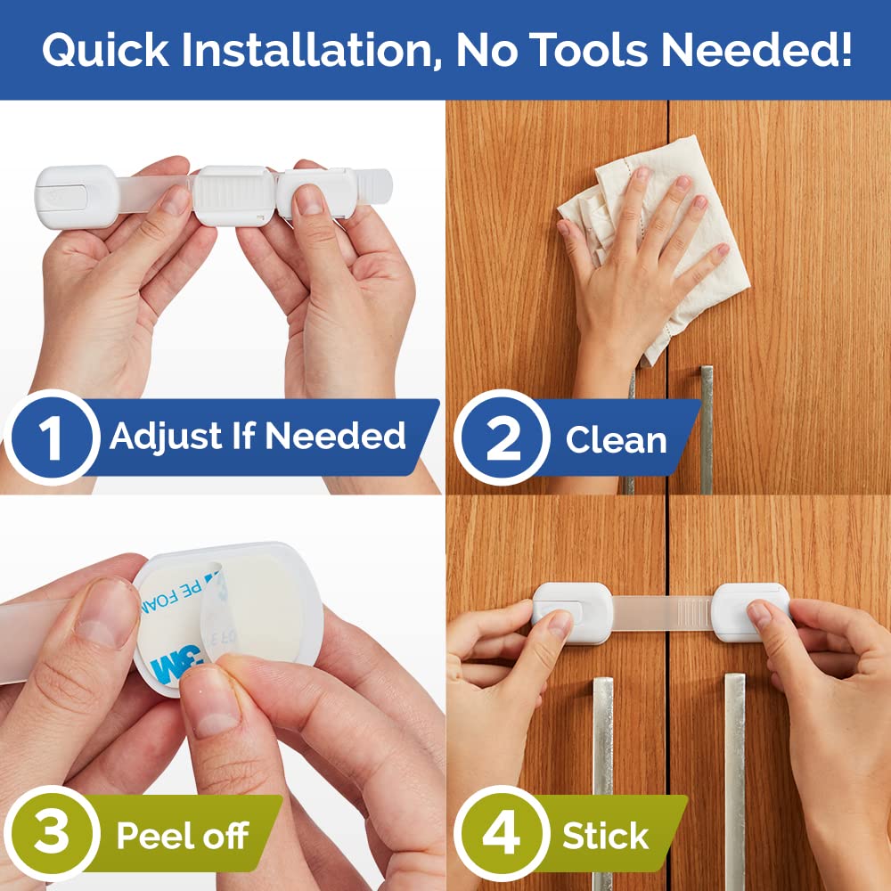 Child Safety Strap Locks (10 Pack) Baby Locks for Cabinets and Drawers, Toilet, Fridge & More. 3M Adhesive Pads. Easy