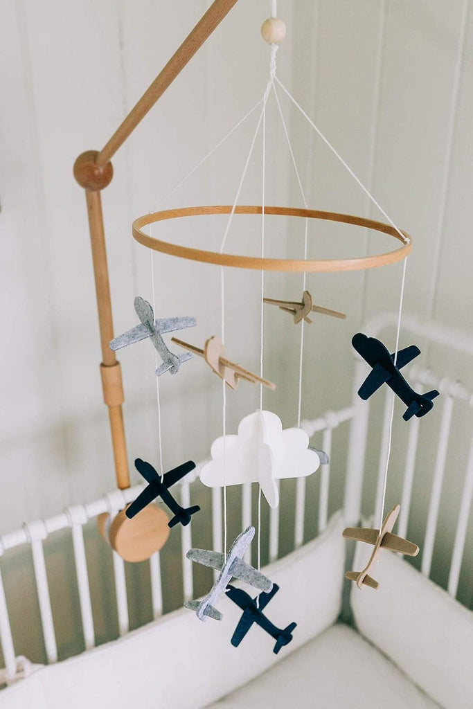 Airplane Nursery Set - Includes Baby Crib Mobile (Airplanes in The Clouds) + Wooden Baby Crib Mobile Arm - for Boys &