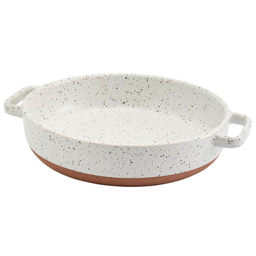 1.7 Quart Speckled White Round Stoneware Pie Dish Baking Pan with Handles